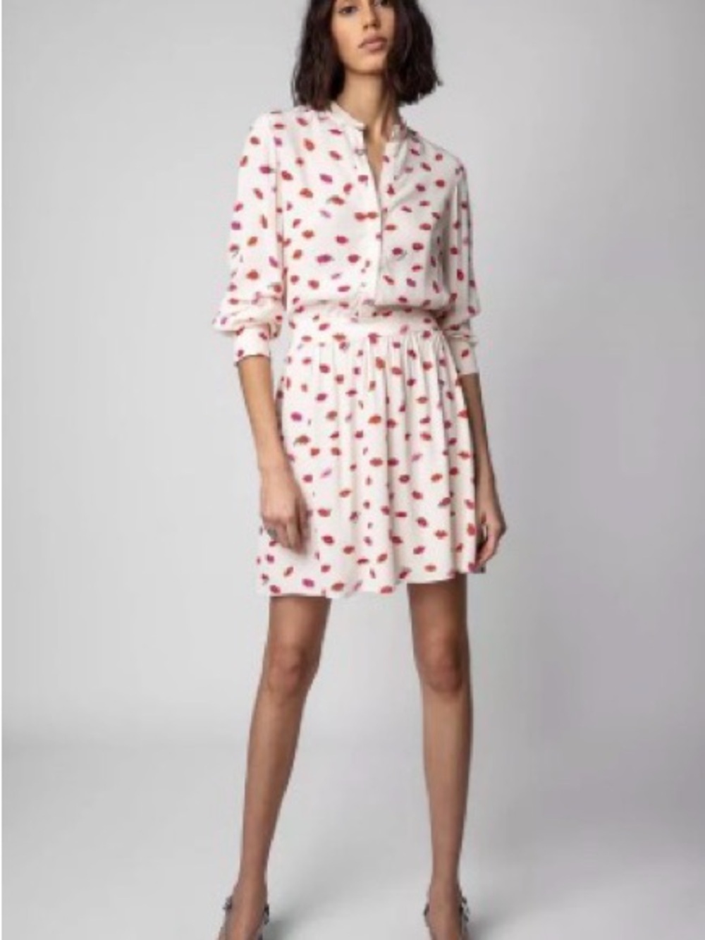 Zadig & Voltaire Defile Cream Mini Dress with Pink and Red Lip Print small